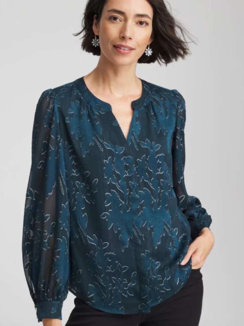 Chico's Novelty Texture Blouse Dark Teal Whimsigoth Fairycore Ethereal Sz L